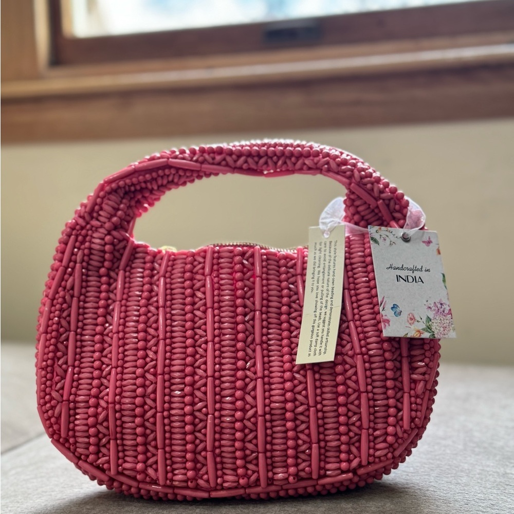 Hot Pink Beaded Top Handle Bag | Handmade India Purse Barbie Summer NWT